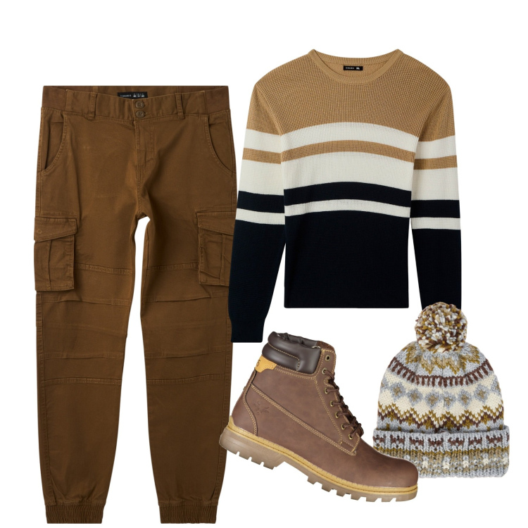 Outfit uomo - Total look #2010949. Stile Casual per Tutti i giorni. Abbinamento con maglieria, pantaloni cargo, berretti, stivali.