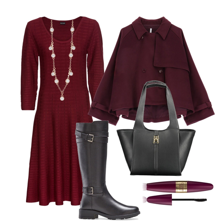 Outfit donna - L’abitino in maglia per l’ufficio. Stile Glamour per Ufficio. Abbinamento con vestiti, stivali, mascara, collane, caban, borse a spalla.