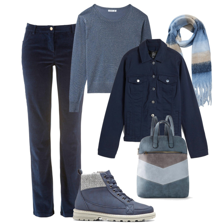 Outfit donna - Basica in blu notte e avio. Stile Basic per Tutti i giorni. Abbinamento con stivaletti, pantaloni, zaini, blazer, maglieria, sciarpe.