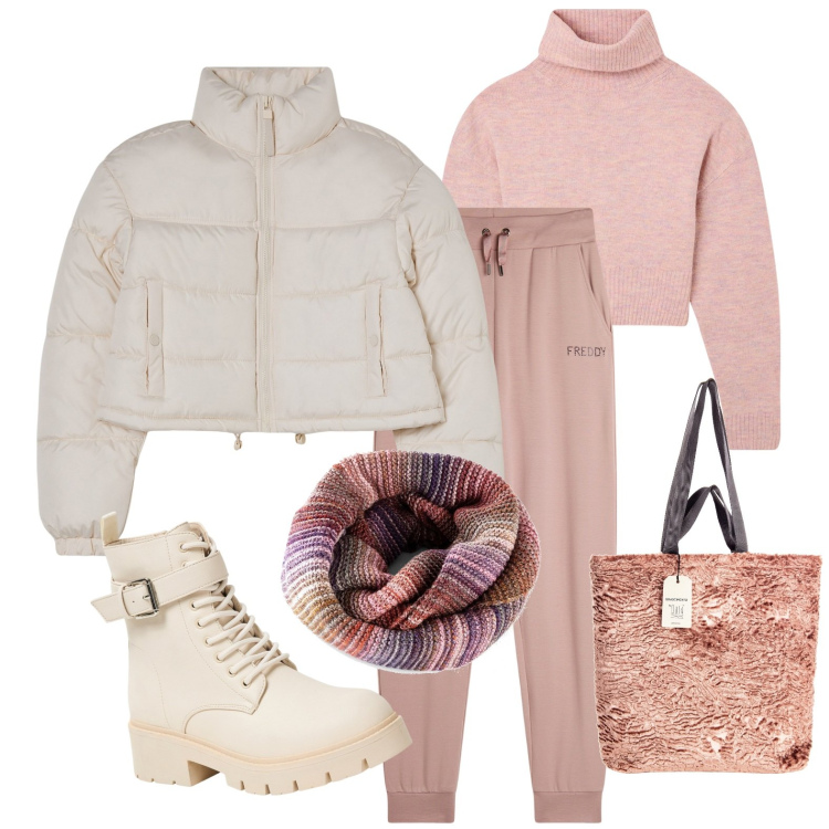 Outfit donna - Total look #2010963. Stile Casual per Tutti i giorni. Abbinamento con foulard, anfibi, maglieria, blazer, borse tote, pantaloni.
