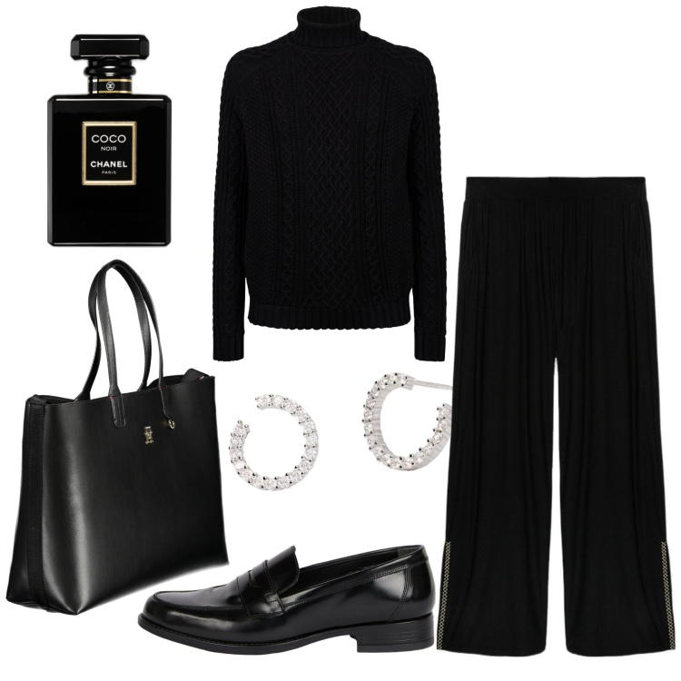 Outfit donna - Black e minimal ufficio. Stile Minimal per Ufficio. Abbinamento con profumi, orecchini, borse a spalla, pantaloni a palazzo, maglieria, mocassini.
