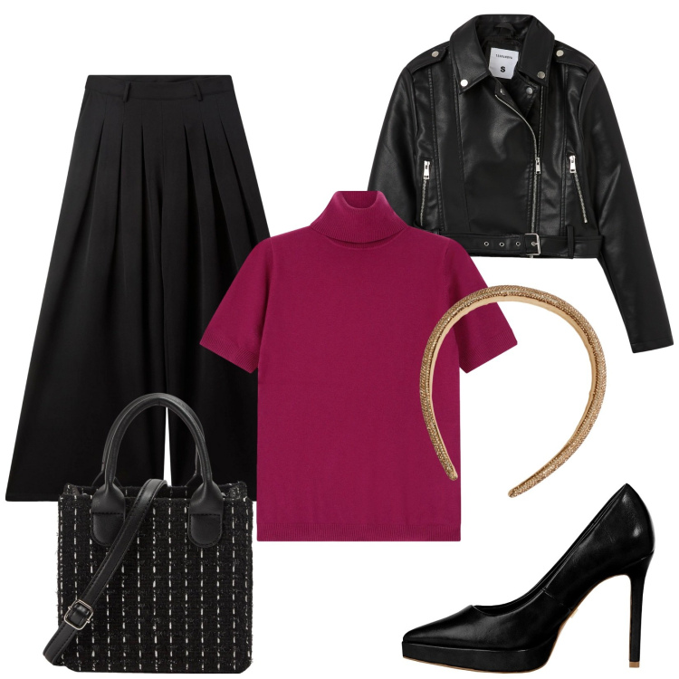 Outfit donna - Total look #2010966. Stile Casual chic per Serata fuori. Abbinamento con cerchietti, pantaloni a palazzo, shopping bag, giacche, décolleté, maglieria.