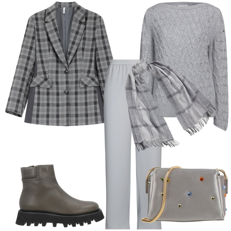 Outfit donna - Total look #2010967. Stile Casual per Tutti i giorni. Abbinamento con pullovers, pantaloni, stivaletti, borse a tracolla, blazer, sciarpe.