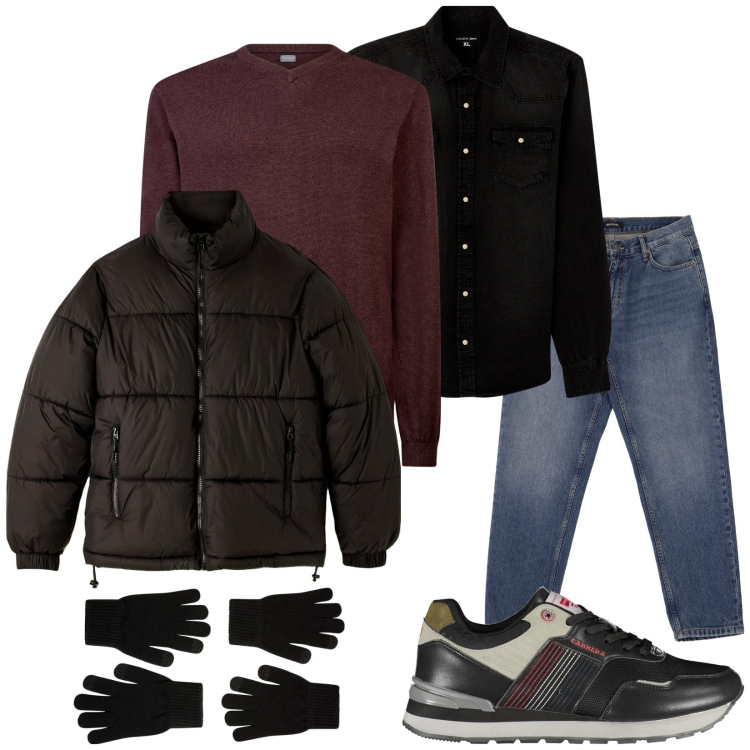 Outfit uomo - Tutto. Stile Casual per Tutti i giorni. Abbinamento con camicie, piumini, guanti, jeans, sneakers, maglieria.