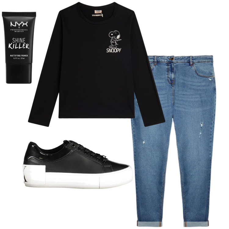 Outfit donna - Snoopy. Stile Basic per Scuola/Università. Abbinamento con primer, t-shirt, jeans strappati, sneakers.