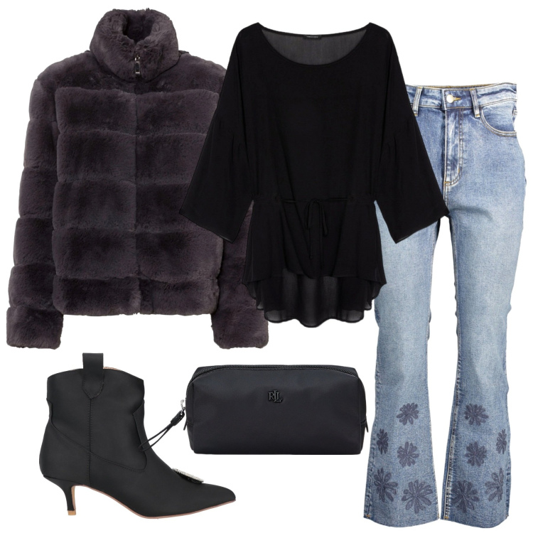Outfit donna - Ispirazione \'70. Stile 70s per Tutti i giorni. Abbinamento con ecopellicce, stivaletti, pochette, bluse, jeans.
