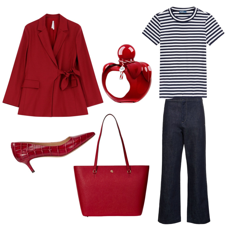 Outfit donna - Ricordando Parigi. Stile Romantica per Tutti i giorni. Abbinamento con profumi, blazer, borse tote, t-shirt, décolleté, jeans.
