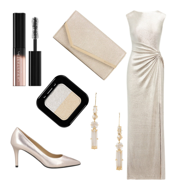 Outfit donna - Champagne. Stile Glamour per Cerimonia. Abbinamento con décolleté, mascara, ombretti, vestiti, orecchini, pochette.