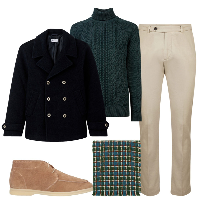 Outfit uomo - Business casual. Stile Urban per Tutti i giorni. Abbinamento con stivali e stivaletti, cappotti, sciarpe, maglieria, pantaloni.