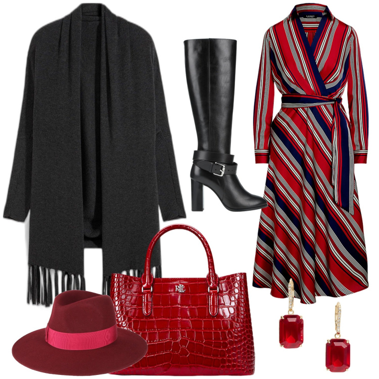 Outfit donna - In ufficio sotto le Feste!. Stile 70s per Ufficio. Abbinamento con cardigans, cappelli, stivali, borse a mano, orecchini, vestiti.