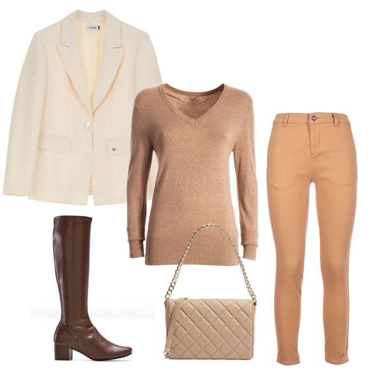 Outfit donna - Outfit da giorno. Stile Casual per Tutti i giorni. look ideale per Petite. Abbinamento con stivali, borse a tracolla, maglieria, pantaloni, blazer.