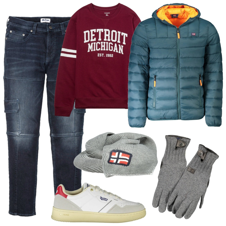 Outfit uomo - Weekend casual. Stile Casual per Tutti i giorni. Abbinamento con jeans slim fit, felpe, giacche, sneakers, guanti, sciarpe.