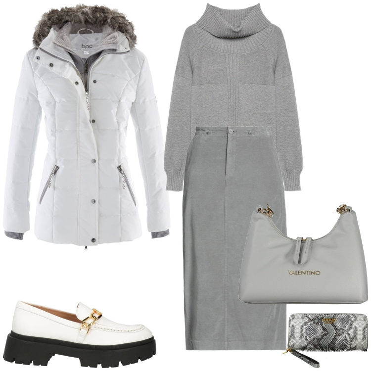 Outfit donna - Total look #2011015. Stile Casual per Tutti i giorni. Abbinamento con piumini, gonne longuette, mocassini, portafogli, maglieria, borse a spalla.