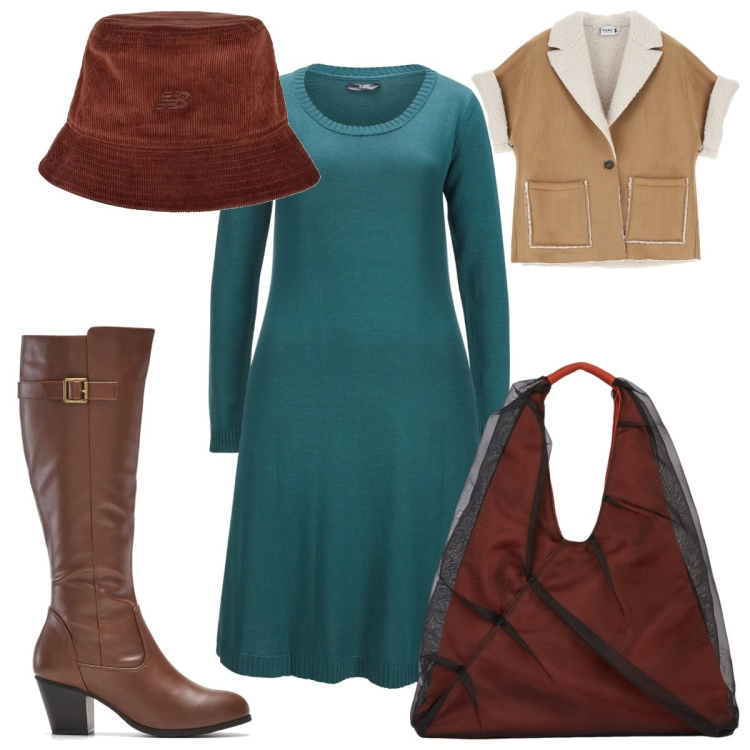 Outfit donna - Total look #2011019. Stile Trendy per Tutti i giorni. Abbinamento con vestiti, stivali, cappelli, blazer, shopping bag.