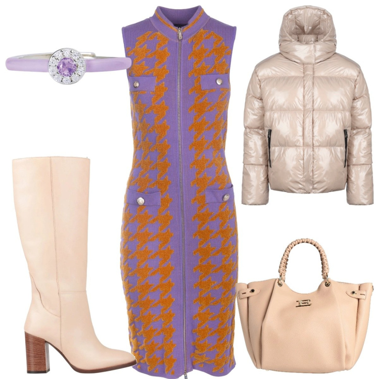 Outfit donna - Total look #2011020. Stile Trendy per Tutti i giorni. Abbinamento con stivali, borse a mano, anelli, vestiti midi/longuette, blazer.