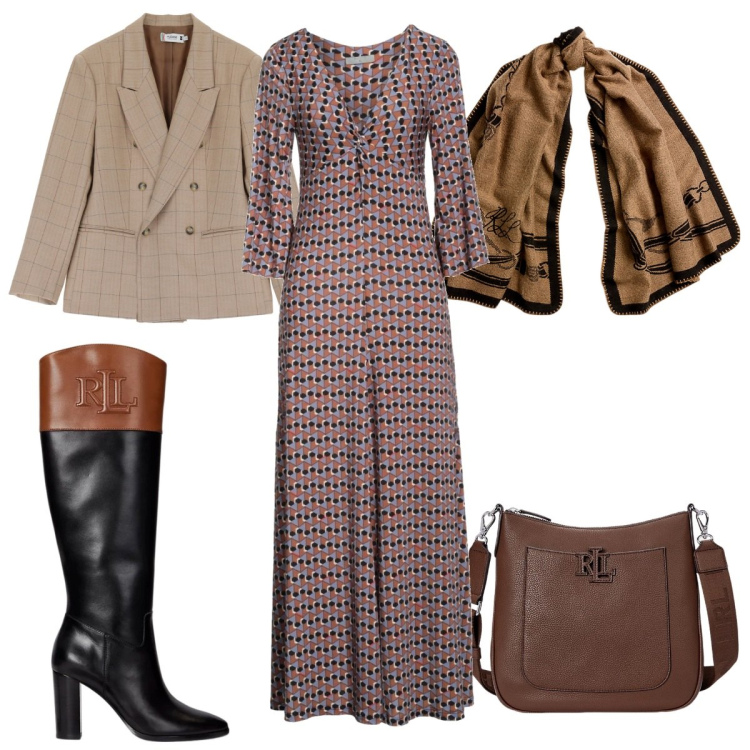 Outfit donna - Total look #2011021. Stile Trendy per Tutti i giorni. Abbinamento con vestiti midi/longuette, blazer, borse a tracolla, stivali, sciarpe.