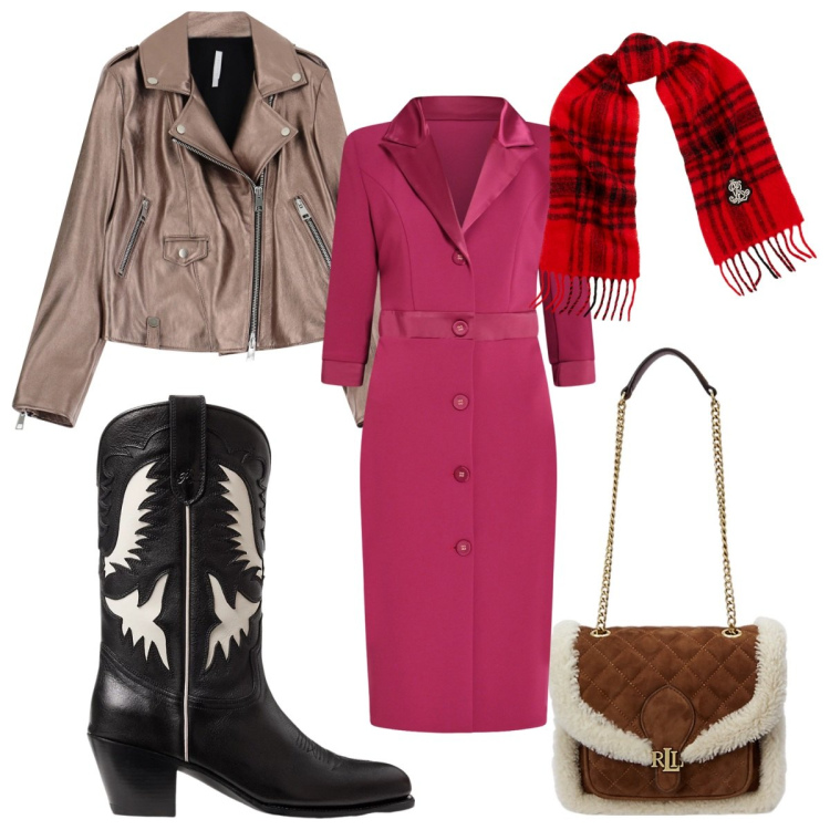 Outfit donna - Total look #2011024. Stile Trendy per Tutti i giorni. Abbinamento con vestiti midi/longuette, giacche, stivali, borse a spalla, sciarpe.