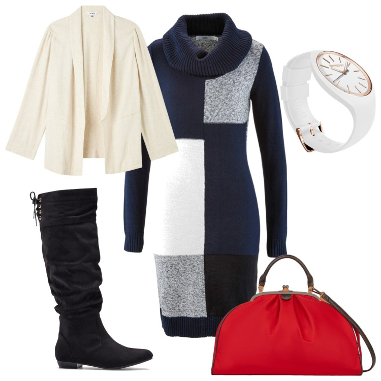 Outfit donna - Total look #2011025. Stile Trendy per Tutti i giorni. Abbinamento con vestiti midi/longuette, stivali, blazer, orologi, borse a spalla.
