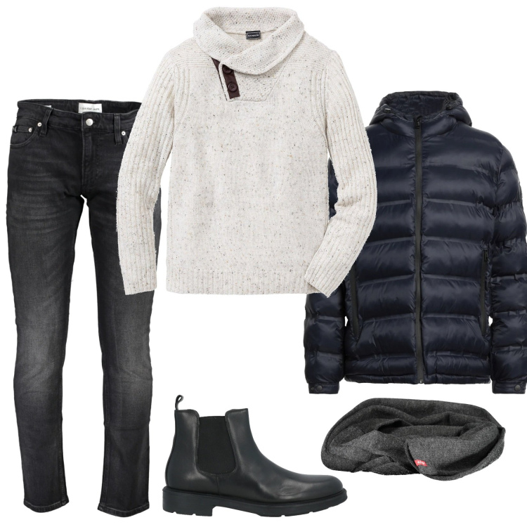 Outfit uomo - Total look #2011032. Stile Casual per Tutti i giorni. Abbinamento con maglieria, piumini, stivali e stivaletti, sciarpe, jeans slim fit.