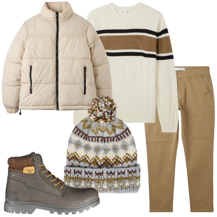 Outfit uomo - Weekend in montagna. Stile Casual per Tutti i giorni. Abbinamento con maglieria, pantaloni chino, piumini, berretti, stivali.