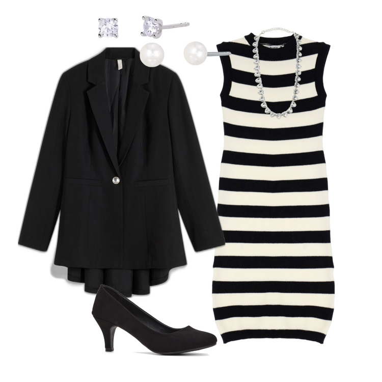 Outfit donna - So Chic in righe!. Stile Chic per Ufficio. Abbinamento con décolleté, blazer, collane, orecchini, orecchini, vestiti.