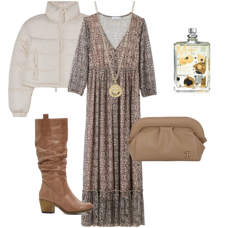 Outfit donna - La collana che sorride. Stile Casual chic per Tutti i giorni. Abbinamento con stivali, profumi, vestiti lunghi, blazer, collane, borse a mano.