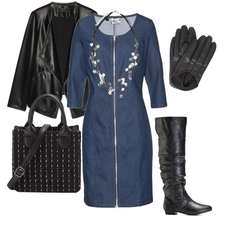 Outfit donna - Denim con la zip. Stile Sexy per Serata fuori. Abbinamento con stivali sopra il ginocchio, shopping bag, collane, blazer, guanti.