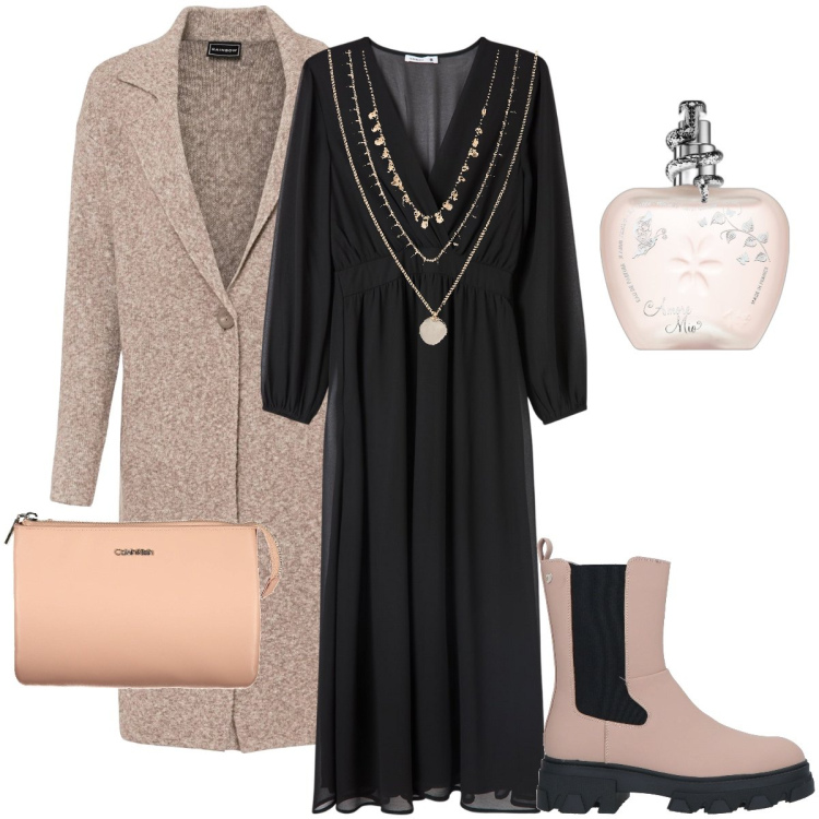 Outfit donna - L’abito con gli anfibi. Stile Casual chic per Serata fuori. Abbinamento con collane, cappotti, stivaletti, profumi, vestiti lunghi, borse a tracolla.