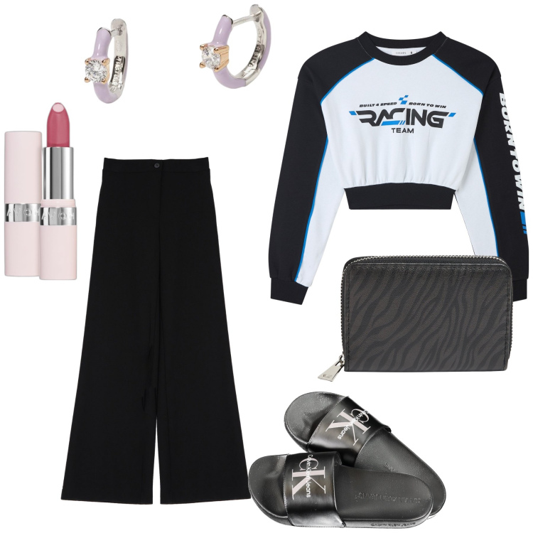 Outfit donna - Smartworking. Stile Basic per Ufficio. Abbinamento con rossetti, felpe, portafogli, orecchini, pantaloni, ciabatte.