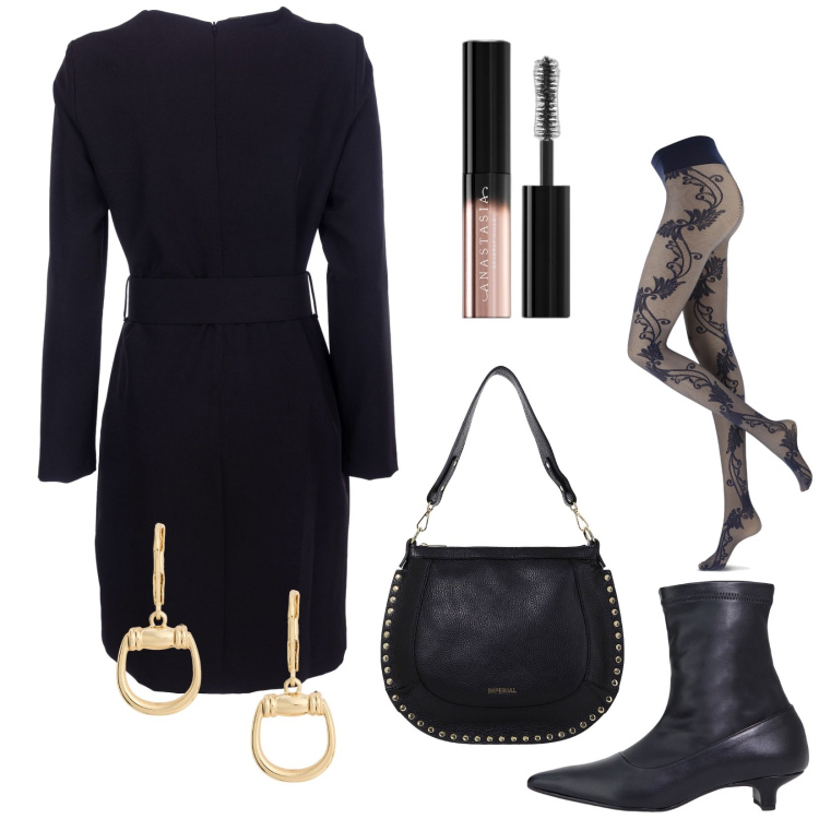 Outfit donna - Total look #2011055. Stile Trendy per Serata fuori. Abbinamento con mascara, collant, vestiti, borse a spalla, stivaletti, orecchini.