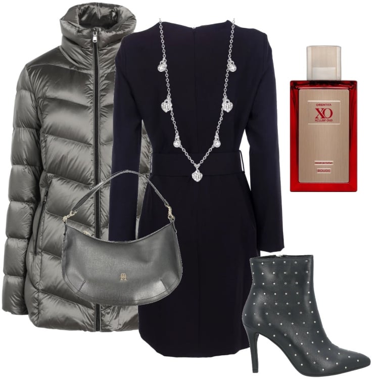 Outfit donna - Strass sugli stivaletti. Stile Sexy per Serata fuori. Abbinamento con piumini, stivaletti, profumi, collane, vestiti, borse a spalla.