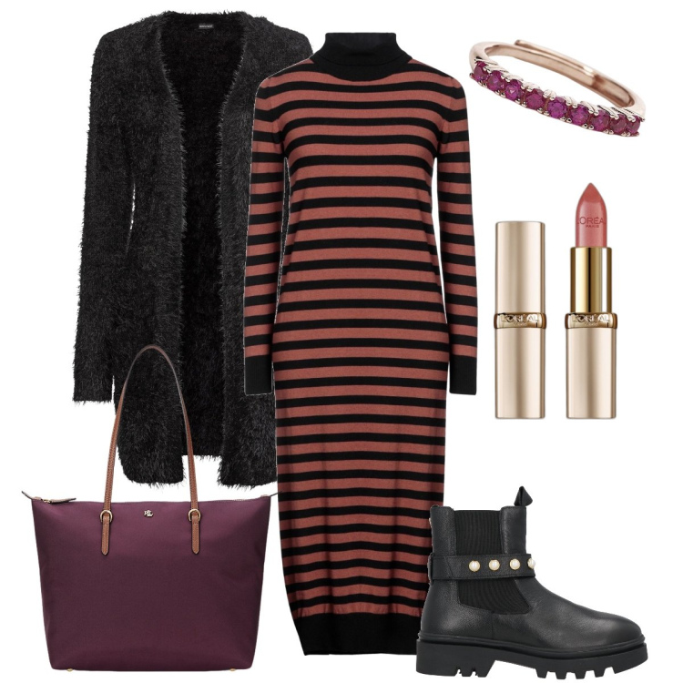 Outfit donna - L’abito a dolcevita. Stile Trendy per Tutti i giorni. Abbinamento con cardigans, stivaletti chelsea, vestiti midi/longuette, rossetti, anelli, borse tote.