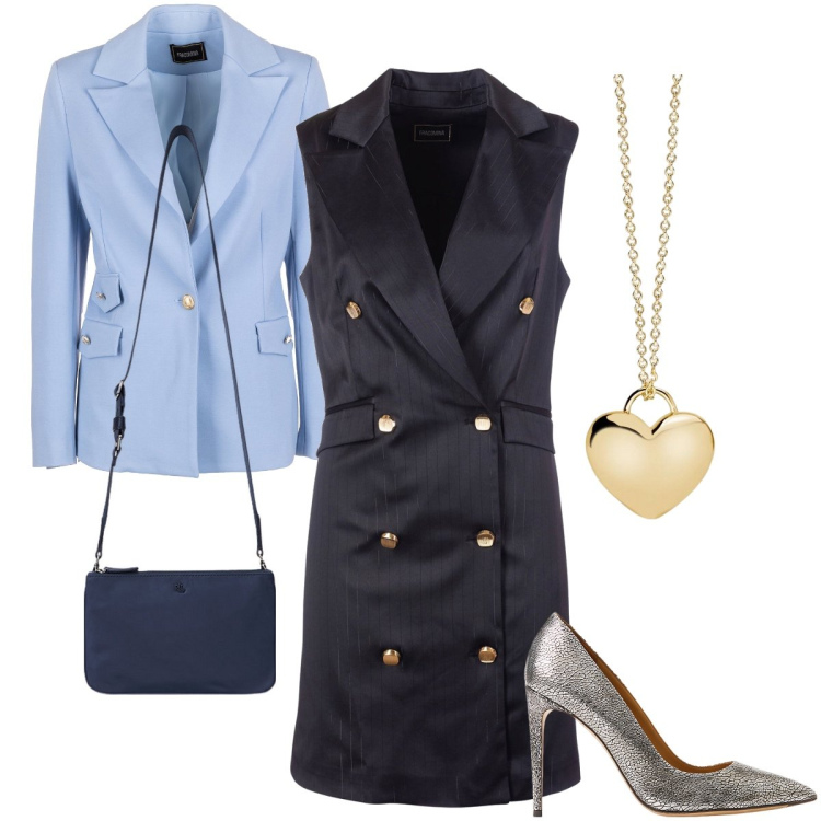 Outfit donna - Il gessato smanicato. Stile Chic per Cerimonia. Abbinamento con collane, blazer, vestiti senza maniche, borse a tracolla, décolleté.