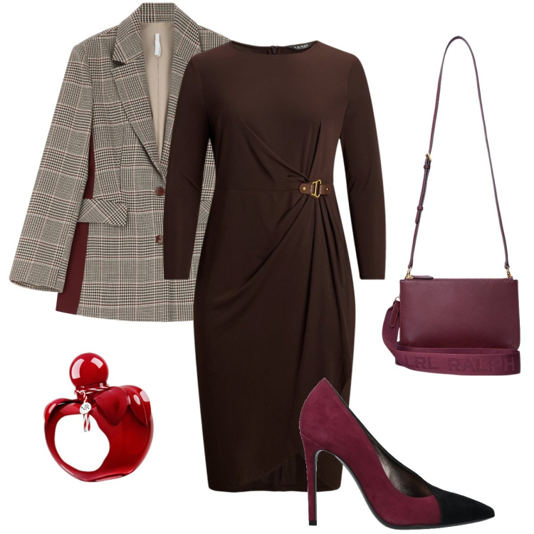 Outfit donna - Le décolleté scamosciate. Stile Bon Ton per Cerimonia. Abbinamento con décolleté, profumi, blazer, borse a tracolla, vestiti.
