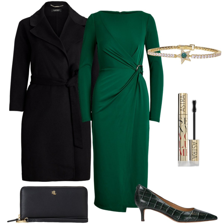 Outfit donna - Verde smeraldo. Stile Chic per Cerimonia. Abbinamento con mascara, braccialetti, vestiti a tubino, décolleté, cappotti, pochette.