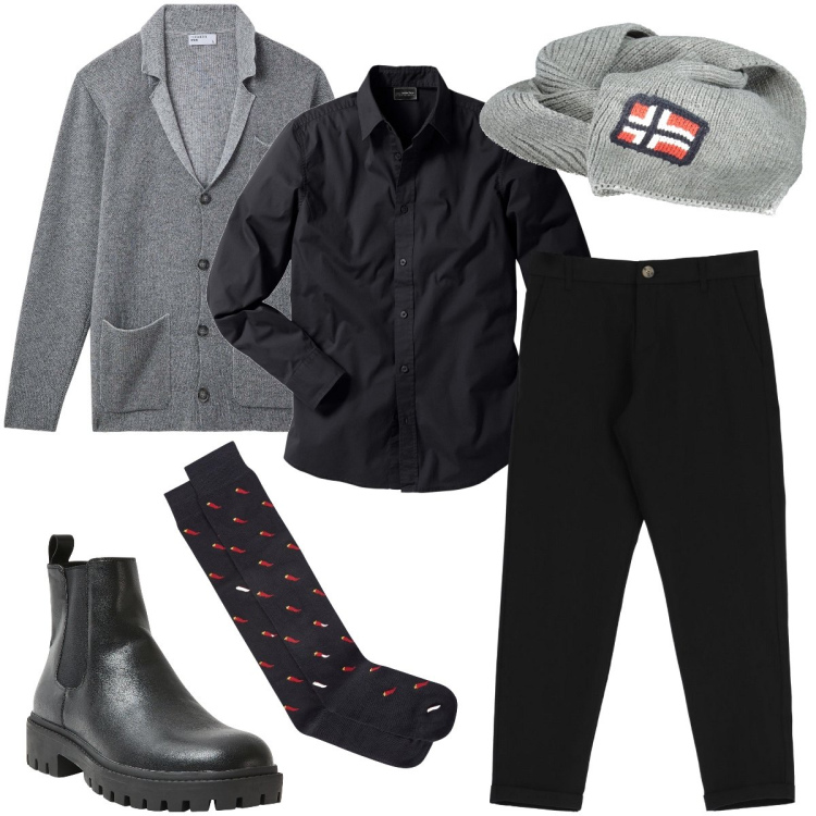 Outfit uomo - Non solo black. Stile Business/Elegante per Serata speciale. Abbinamento con camicie, stivali e stivaletti, giacche, pantaloni, sciarpe, calzini.