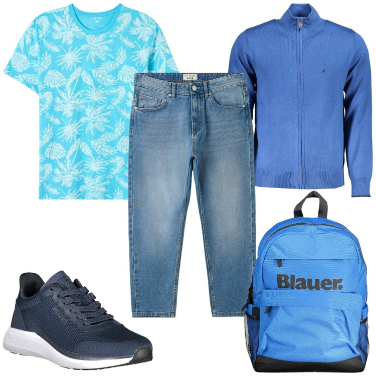 Outfit uomo - Total look #2011074. Stile Casual per Tutti i giorni. Abbinamento con t-shirt, jeans, borse sportive, cardigans, sneakers.