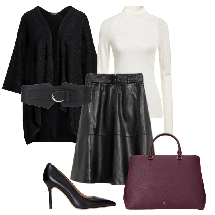 Outfit donna - Serata evento. Stile Chic per Serata fuori. Abbinamento con gonne, maglieria, cinture, borse a mano, décolleté, cappe.