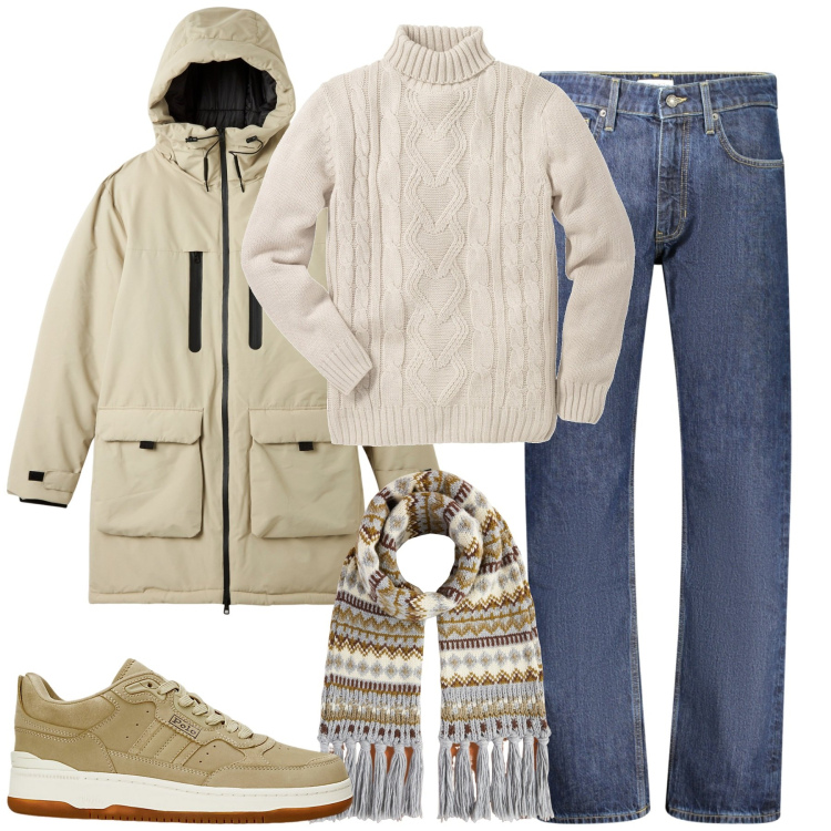 Outfit uomo - City. Stile Urban per Tutti i giorni. Abbinamento con maglieria, parka, sneakers, jeans dritti, sciarpe.