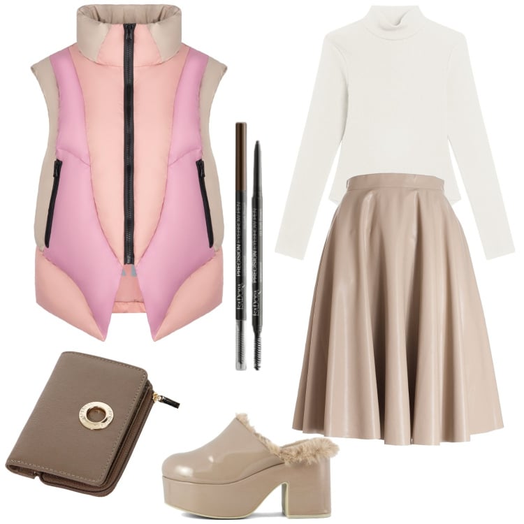 Outfit donna - A cena fuori con le mie amiche. Stile Trendy per Serata fuori. Abbinamento con eyeliner, gonne longuette, portafogli, body, piumini, sabot.