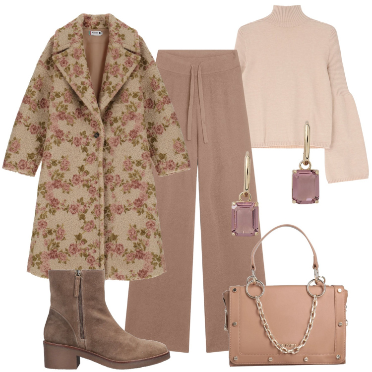 Outfit donna - Il cappotto dalla stampa vintage. Stile Trendy per Tutti i giorni. Abbinamento con stivaletti, borse a mano, cappotti, maglieria, pantaloni, orecchini.