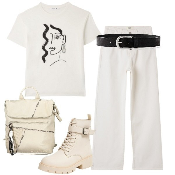 Outfit donna - Toni chiari a dicembre. Stile Trendy per Tutti i giorni. Abbinamento con cinture, t-shirt, pantaloni, anfibi, zaini.