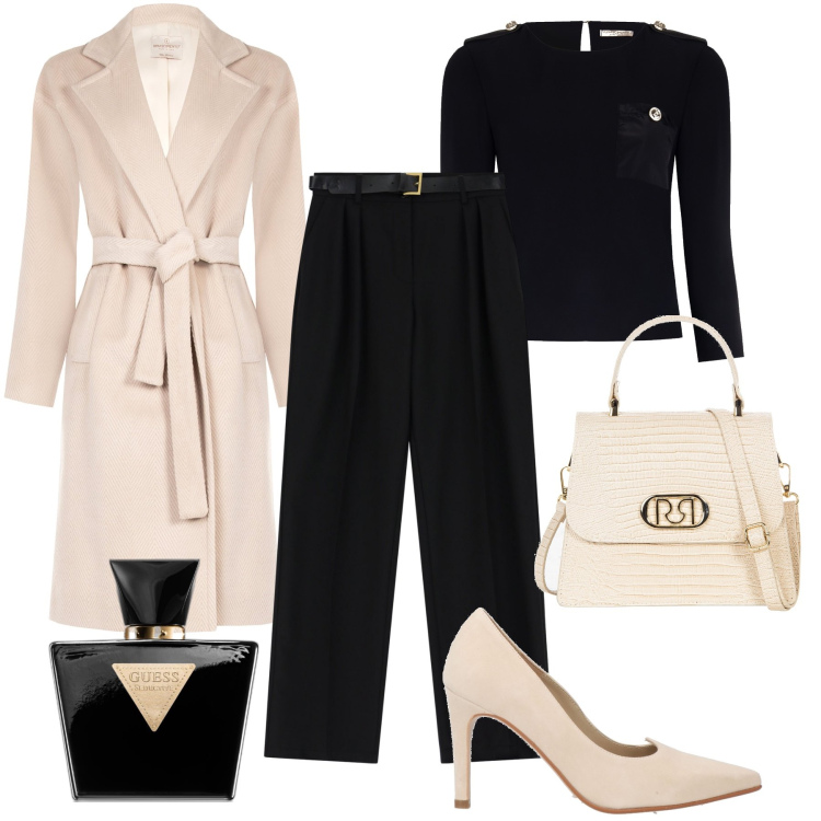 Outfit donna - Al lavoro e poi a cena. Stile Glamour per Ufficio. Abbinamento con décolleté, profumi, bluse, cappotti, borse a mano, pantaloni.