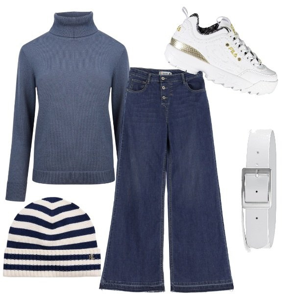 Outfit donna - Casual week in blu. Stile Casual per Tutti i giorni. Abbinamento con cinture, jeans, berretti, maglieria, sneakers.