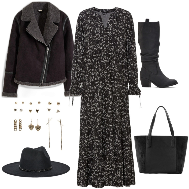Outfit donna - Ultimi giorni di novembre. Stile Boho per Tutti i giorni. Abbinamento con shopping bag, stivali, vestiti lunghi, blazer, orecchini, cappelli.
