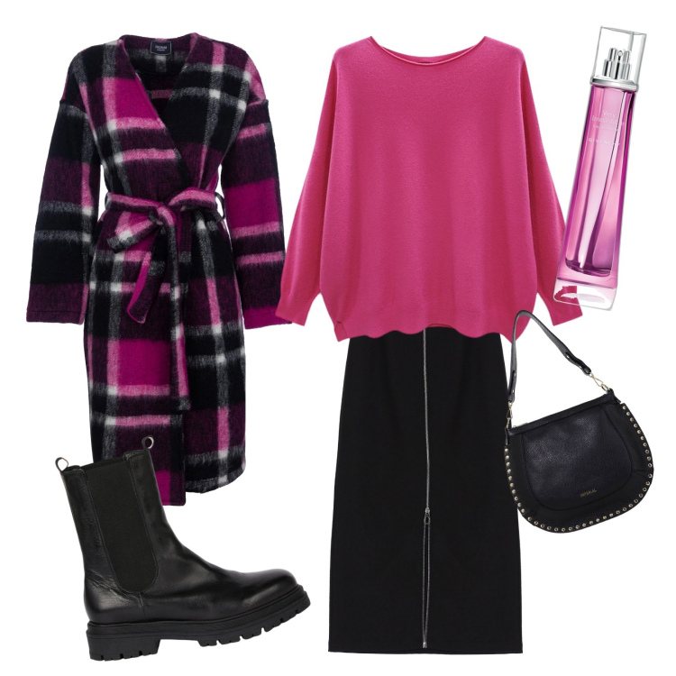 Outfit donna - Total look #2011127. Stile Casual per Serata fuori. Abbinamento con profumi, gonne, borse a spalla, cappotti, maglieria, stivaletti chelsea.