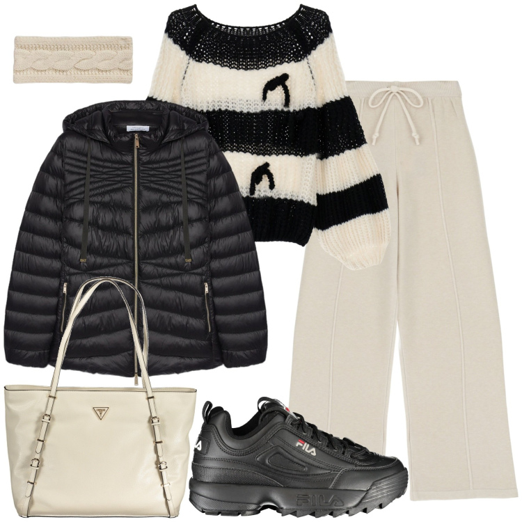 Outfit donna - Comoda. Stile Sporty chic per Tutti i giorni. Abbinamento con maglieria, pantaloni, cappelli, sneakers, piumini, borse a spalla.