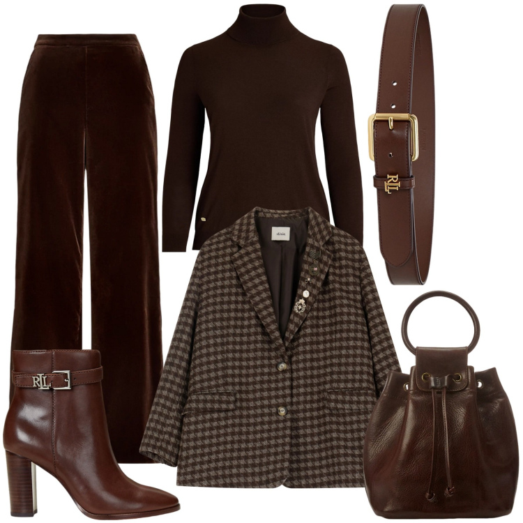 Outfit donna - Brown. Stile Casual chic per Serata fuori. Abbinamento con pantaloni, maglieria, borse a secchiello, stivaletti, cinture, blazer.
