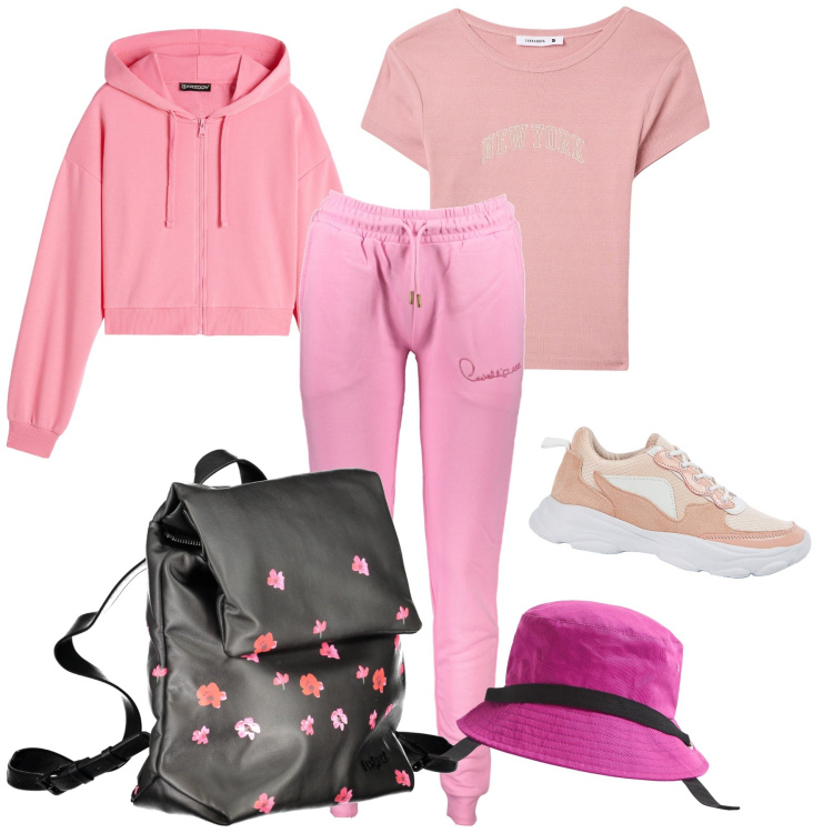 Outfit donna - I love pink. Stile Basic per Tutti i giorni. Abbinamento con t-shirt, sneakers, cappelli, felpe con cappuccio, pantaloni, zaini.