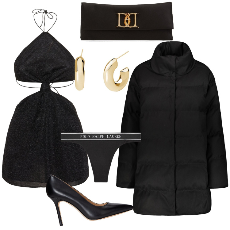 Outfit donna - Sexy inverno. Stile Sexy per Serata fuori. Abbinamento con orecchini, perizomi, décolleté, cappotti, vestiti, pochette.